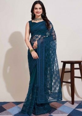 Teal Blue Embroidered Saree In Net