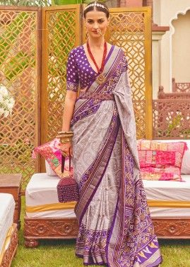 Purple Art Silk Saree In Patola Print