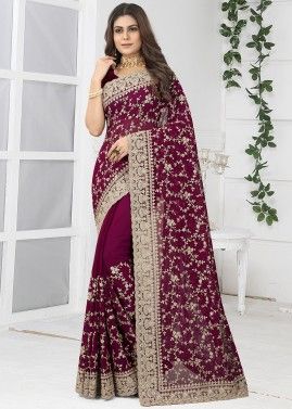 Wine Embroidered Georgette Saree & Blouse