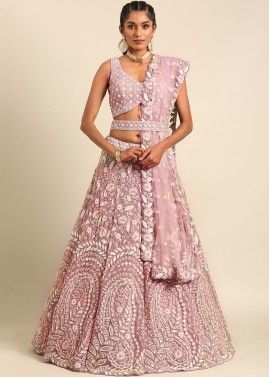 Mauve Pink Embroidered Lehenga Choli In Net