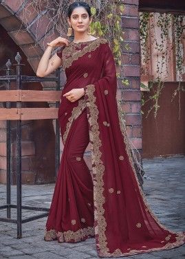 Maroon Embroidered Saree In Georgette