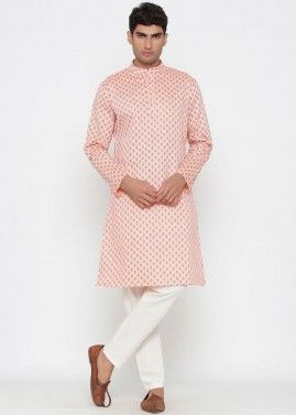 Peach Cotton Silk Printed Kurta Pajama Set