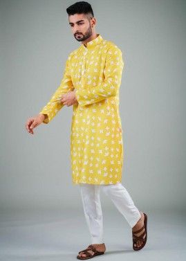 Yellow Printed Cotton Silk Kurta With Pajama
