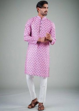 Pink Printed Readymade Kurta With Pajama
