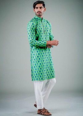Green Cotton Silk Printed Kurta Pajama Set
