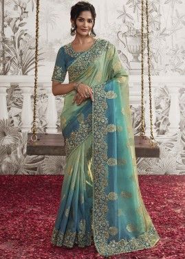 Thread Embroidered Tissue Silk Saree In Blue & Green