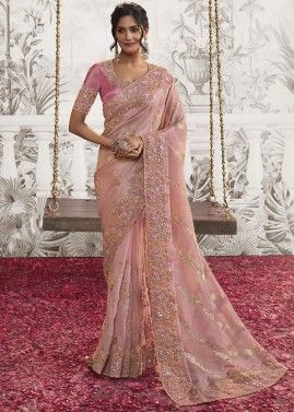 Pastel Pink Embroidered Saree In Tissue Silk