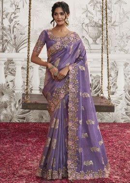 Purple Tissue Silk Saree In Thread Embroidery