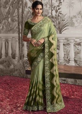 Green shaded Embroidered Tissue Silk Saree 