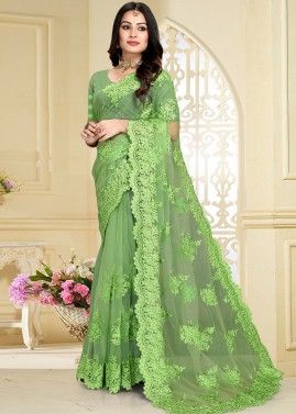Green Net Saree In Resham Embroidery