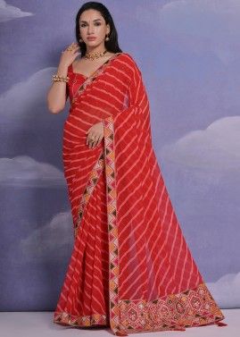 Red Embroidered Border Georgette Saree