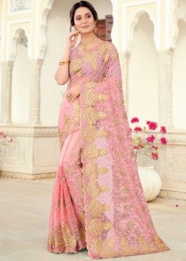 Dusty Pink Embroidered Net Saree