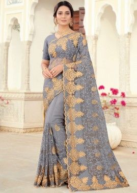 Grey Embroidered Border Saree In Net