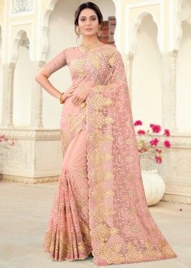 Dusty Peach Net Embroidered Saree