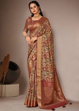 Brown Bhagalpuri Silk Printed Saree & Blouse