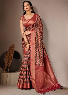 Red Digital Printed Saree In Bhagalpuri Silk