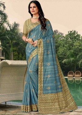 Blue Embroidered Saree In Tussar Silk