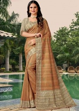 Brown Embroidered Saree In Tussar Silk