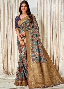 Multicolor Printed Tussar Silk Saree & Blouse