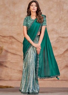 Green Readymade Sequins Embellished Stain Silk Saree