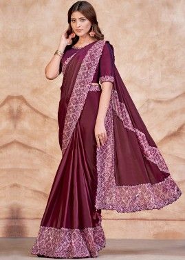Wine Readymade Embellished Stain Silk Saree & Blouse