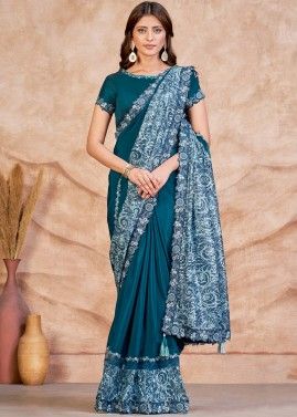 Teal Blue Readymade Sequins Embellished Stain Silk Saree