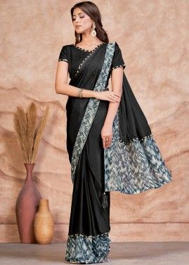 Black Readymade Sequins Embellished Saree In Satin Silk