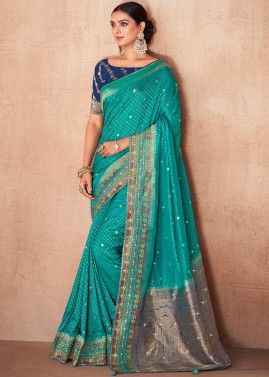 Turquoise Embroidered Saree In Art Silk
