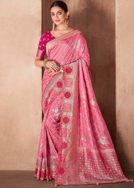 Pink Zari Woven Detailed Saree in Art Silk