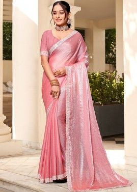 Pink Stone Embellished Saree In Silk