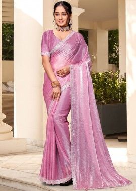 Pink Saree In Silk In Stone Embellishment