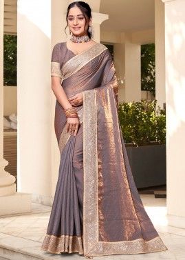 Brown Stone Embellished Saree In Silk