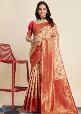 Beige Zari Woven Saree In Kanjivaram Silk