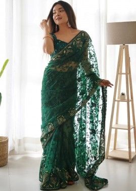 Green Embroidered Net Saree & Blouse