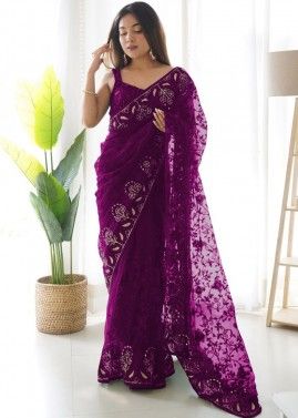 Purple Cord Embroidered Saree In Net