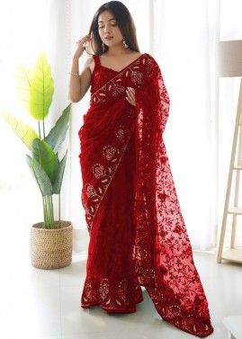Red Net Saree In Cord Embroidered