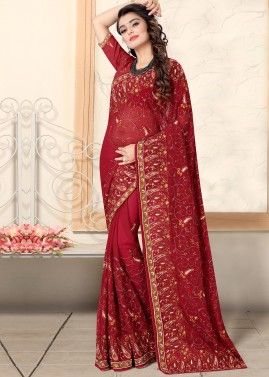 Red Thread Embroidered Georgette Saree