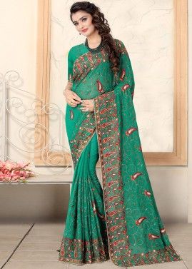 Jade Green Embroidered Saree In Georgette