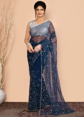 Blue Embroidered Saree In Net