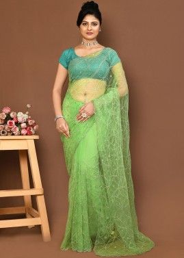Green Embroidered Saree In Net