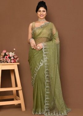 Green Embroidered Saree In Organza