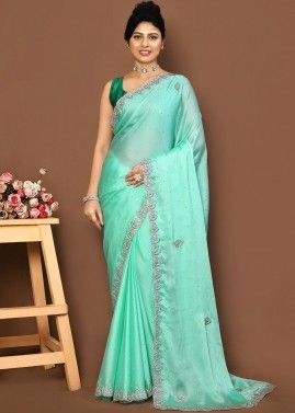 Turquoise Embroidered Saree In Chiffon
