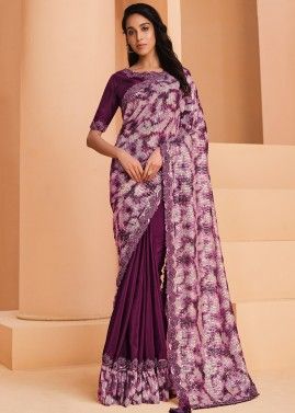 Purple Embellished Satin Saree & Blouse