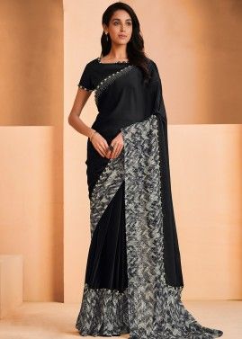 Black Embroidered Satin Saree With Blouse