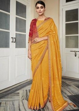 Yellow Silk Saree in Thread Embroidery