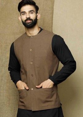 Brown Readymade Art Silk Nehru Jacket