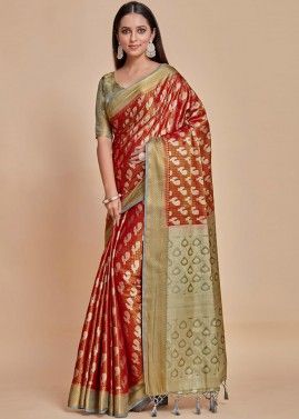Red Woven Kanjivaram Silk Saree & Blouse