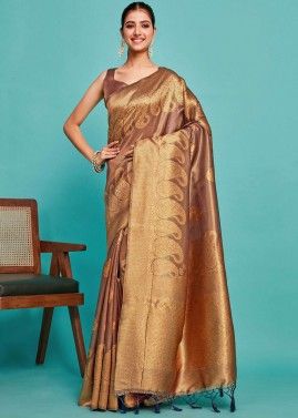 Brown Kanjivaram Silk Woven Saree & Blouse