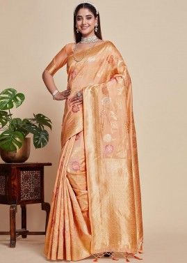 Peach Kanjivaram Silk Saree In Woven Work