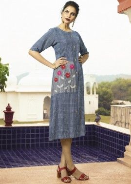 Blue Checks Printed Readymade Indo Western Dress